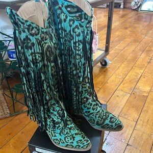 Lucky & Blessed Green Leopard Heeled Boots